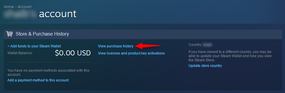 Click on “View purchase history” - Steam account hacked
